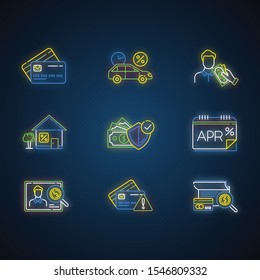 Credit Neon Light Icons Set. Annual Percentage Rate Report. Plastic Credit Card. Insurance Program. Home, Car Loan. Creditworthiness. Borrow Cash, Money. Glowing Signs. Vector Isolated Illustrations