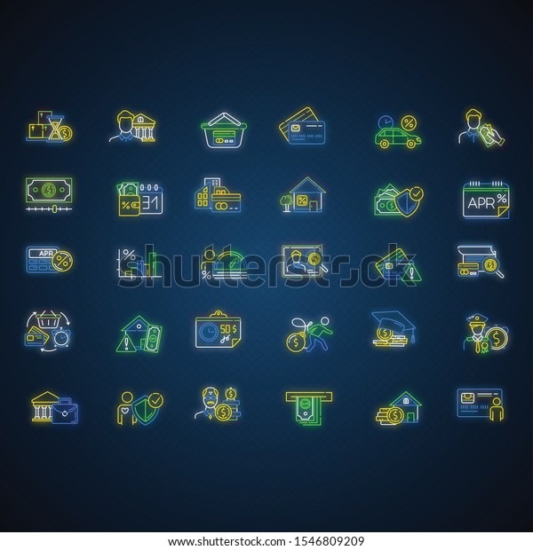 Credit neon light icons set. Student loan.\
Borrowing from retirement. Creditworthiness. Heavy credit card\
debt. Home equity loan. Retail. APR calculator. Glowing signs.\
Vector isolated\
illustrations