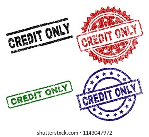 CREDIT ONLY seal prints with damaged style. Black, green,red,blue vector rubber prints of CREDIT ONLY text with scratched style. Rubber seals with circle, rectangle, medal shapes.