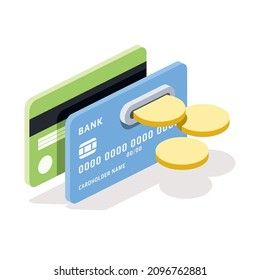 Credit Plastic Card Coins. Vector 3d isometric, color web icons, new flat style. Creative illustration, design idea for infographics.