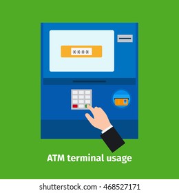 Credit plastic card usage. ATM terminal vector illustration