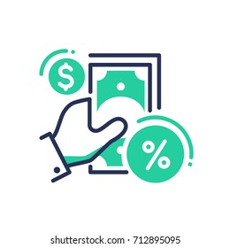 Credit Products - modern vector single line design icon. A symbol of green cash paper money, dollar, percentage, interest, hand on a white background. Banking system, business, finance solution.