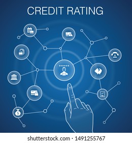 credit rating concept, blue background.Credit risk, Credit score, Bankruptcy, Annual Fee