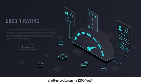 Credit rating concept. Stylish design for site, landing page. Neon and minimalistic style. Speedometer, customer or borrower credibility assessment, financial service. Volumetric vector illustration