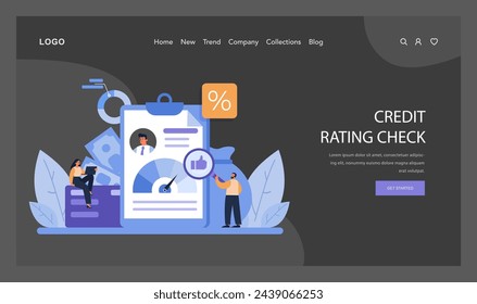 Credit Rating Evaluation Concept. A focused look at creditworthiness assessments using financial documents, metrics, and digital tools. Flat vector illustration