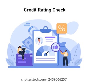 Credit Rating Evaluation Concept. A focused look at creditworthiness assessments using financial documents, metrics, and digital tools. Flat vector illustration