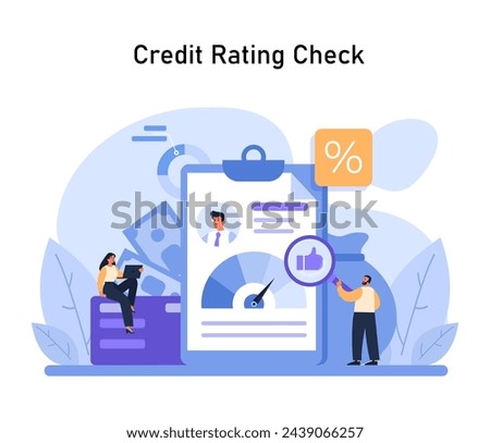 Credit Rating Evaluation Concept. A focused look at creditworthiness assessments using financial documents, metrics, and digital tools. Flat vector illustration