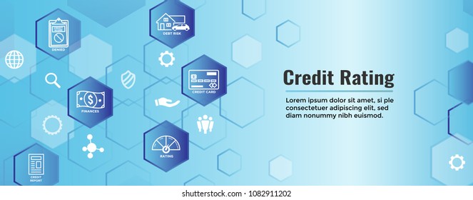 Credit Rating Header Web Banner w Debt, Credit Card, and Credit Score Icon Set