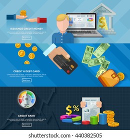 Credit rating horizontal banners with credit scores diagram credit report issuance credit money banking card decorative elements flat vector illustration      