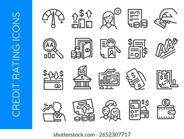Ícones de Classificação de crédito. Conjunto de 20 ícones de crédito na moda. Exemplo: Pontuação, Relatório, Pagamento, Wallet, ícone Banco. Sinais de design para página da Web, aplicativo móvel, design de embalagem. Ilustração vetorial