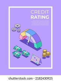 Credit rating isometric poster. Credit score template. Loan history meter or score scale. Money and point. Calculate tax. Vector 3d illustration