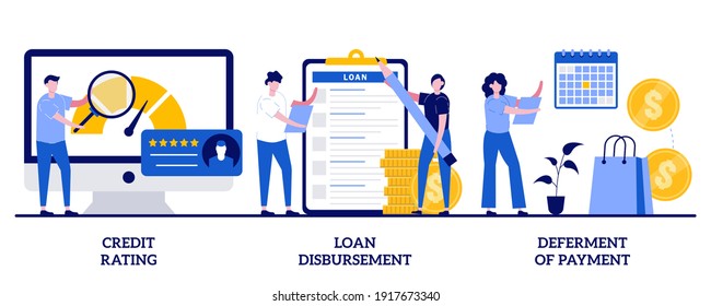 Credit Rating, Loan Disbursement, Deferment Of Payment Concept With Tiny People. Bank Service Vector Illustration Set. Risk Evaluation, Student Loan, Payment Terms, Financial Hardship Metaphor.