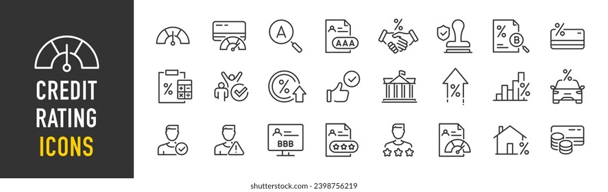 Credit Rating and score web icons in line style. Financial scoring, mortgage, money, guarantors, auditor, collection. Vector illustration.