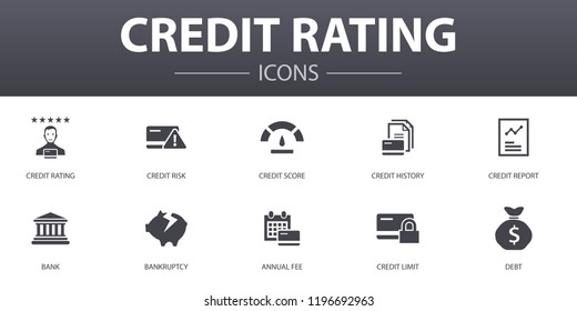 credit rating simple concept icons set. Contains such icons as Credit risk, Credit score, Bankruptcy, Annual Fee and more, can be used for web, logo, UI/UX