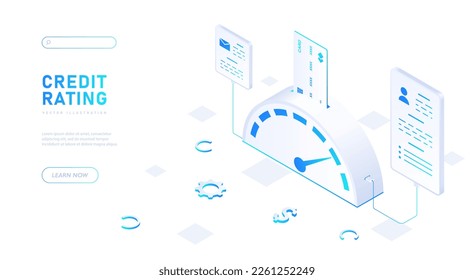 Credit rating white. Financial literacy and budgeting, debts and interest. Scale, infographics and dashboard. Score or rating, loan history meter. Cartoon isometric vector illustration