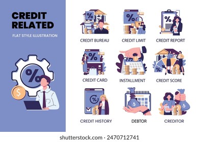 credit realated set flat style illustration vector design