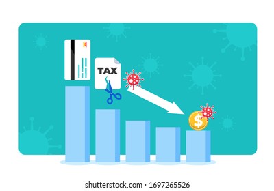 Credit Relief For Households And Business During COVID-19 Pandemic Lockdown. Chart Bars Going Down With Credit Card, Cut Tax Bill, Dollar Coin And Viruses Around. Coronavirus Impact On Global Economy.