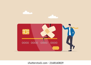 Credit repair, process to fixing poor credit standing, recover from financial mistake or negotiate with lender concept, confidence businessman stand with fixed and repaired credit card with bandage.