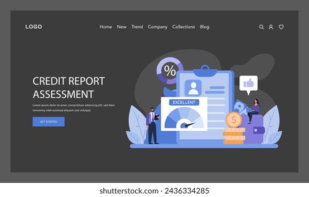 Guía de evaluación de informe de crédito. Una inspección exhaustiva de la situación financiera, representada con una calificación excelente en un informe crediticio detallado, junto con símbolos monetarios. Ilustración vectorial plana
