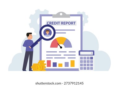 Credit report checking. Payment history data meter. Bank analysts evaluating ability of prospective debtor to pay debt