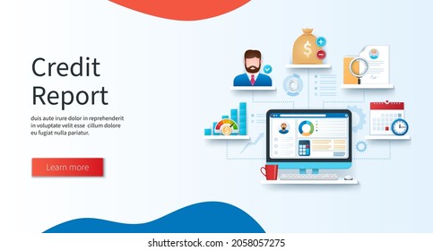 Credit report concept. Computer with business charts on the screen. Credit score, manager, budget, resume, schedule icons. Web vector illustrations in 3D style