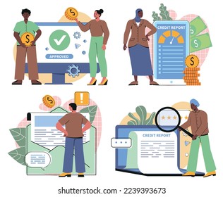 Credit report concept. Young men and women take out loans and get approved. Good credit history or high bank rating. Financial management. Cartoon flat vector collection isolated on white background