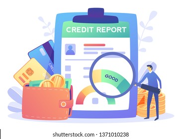 Credit report document concept. Money , Credit card, lending, infographic, with people, businessman Personal credit score information for presentation, web page. Vector illustration in flat style