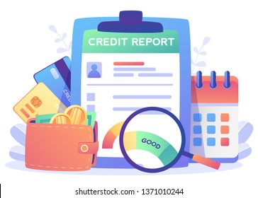 Credit report document concept. Money , Credit card, lending, infographic, Personal credit score information for presentation, web page. Vector illustration in flat style