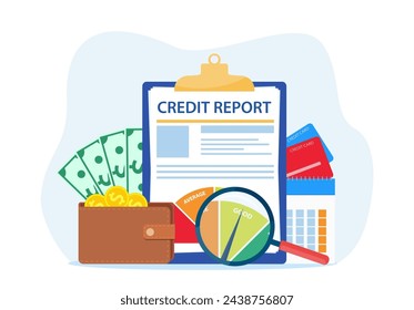 Credit report document concept. Money , Credit card, lending, infographic, Personal credit score information for presentation, web page. Vector illustration in flat style