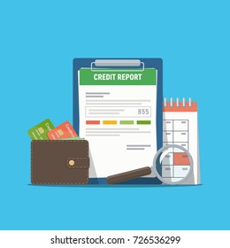 Credit Report Document Concept. Personal Credit Score Information. Vector Illustration In Flat Style.