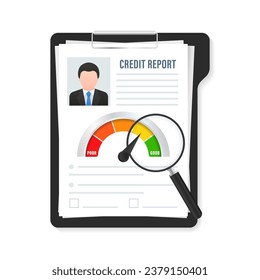 Credit report document. Creative vector credit rating scale with pointer. Bank report on the risk of applications for borrowing documents credit business market. Business card. Vector illustration