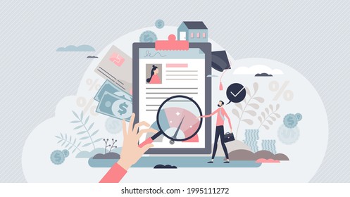 Credit report and financial rating evaluation for bank loan or mortgage tiny person concept. Money expenses and income balance to measure payment ability vector illustration. Debit ranking calculation