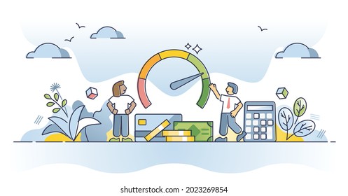 Credit report and financial reliability score for money loan outline concept. Rating with economical information and payment performance for banks vector illustration. Company or individual solvency.