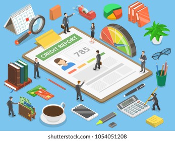 Credit Report, Flat Isometric Vector Concept Of Personal Credit Score Information And Financial Rating.