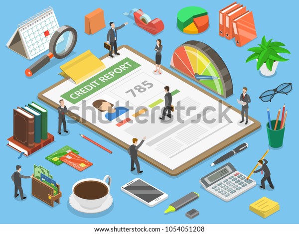 Credit report, flat\
isometric vector concept of personal credit score information and\
financial rating.