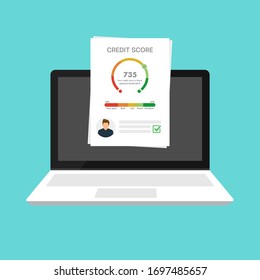 	
Credit report, flat vector illustration concept of personal credit score on laptop screen. Your information and financial rating.