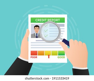 Credit report with hand. Business card. Online concept. Financial chart. Online concept.