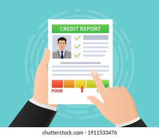 Credit report with hand. Business card. Online concept. Financial chart. Online concept.