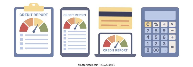 Credit report icon set. Credit score information. Speedometer, calculator, credit card sign. Personal finance concept. Vector flat illustration 