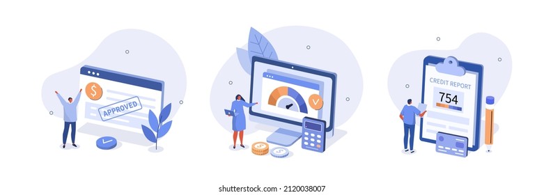Credit report illustration set. Characters with good credit score receiving loan approval from bank. Personal finance concept. Vector illustration.