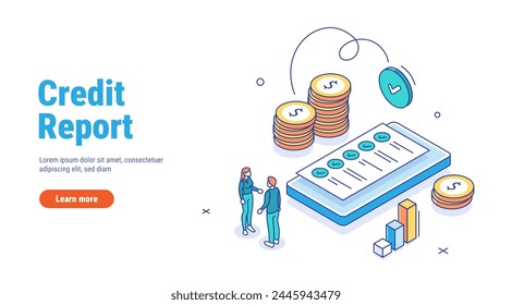 Credit report isometric concept. Approved credit bill, Payment approved. Characters with good credit score receiving loan approval from bank. Personal finance. 3d outline vector illustration.
