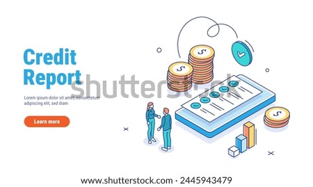 Credit report isometric concept. Approved credit bill, Payment approved. Characters with good credit score receiving loan approval from bank. Personal finance. 3d outline vector illustration.