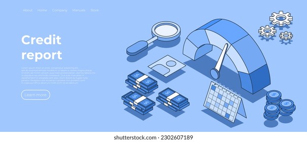 Credit report, isometric vector concept of personal credit score information and financial rating. Credit score banner. Vector illustration concept