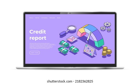 Credit report landing page. Realistic laptop mockup. Loan history meter or scale. Rating concept. Calculate credit report. Vector illustration