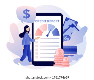 Credit report online. Credit rating in app. Personal credit score information. Tiny woman analysts credit risk control. Modern flat cartoon style. Vector illustration on white background