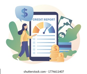 Credit Report Online. Credit Rating In App. Tiny Woman Analysts Credit Risk Control. Personal Credit Score Information. Modern Flat Cartoon Style. Vector Illustration On White Background