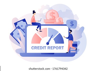 Credit report online. Credit rating. Personal credit score information and financial rating. Tiny people analysts credit risk control.Modern flat cartoon style. Vector illustration on white background