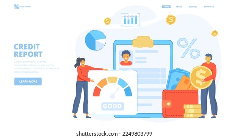 Informe de crédito, calificación de crédito, obtener préstamos rápidos y fáciles, obtener préstamos a través de la aplicación de smartphone. Concepto de diseño para la página de inicio. Ilustración vectorial plana con pequeños caracteres para sitio web, banner, imagen de héroe.
