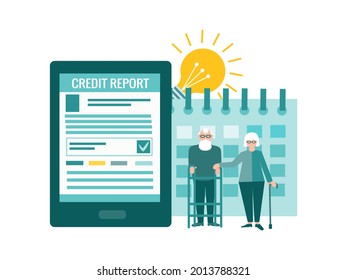 Credit report for seniors. Elderly couple and bank credit report form on tablet screen. Concept vector illustration.