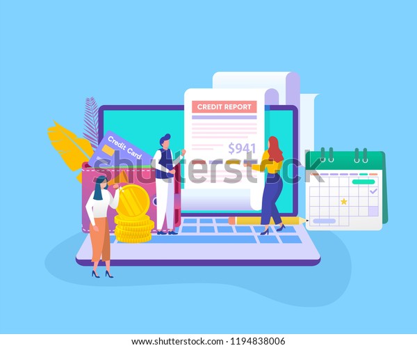 credit report vector\
illustration concept, people analysis calculate credit report, can\
use for, landing page, template, ui, web, mobile app, poster,\
banner, flyer